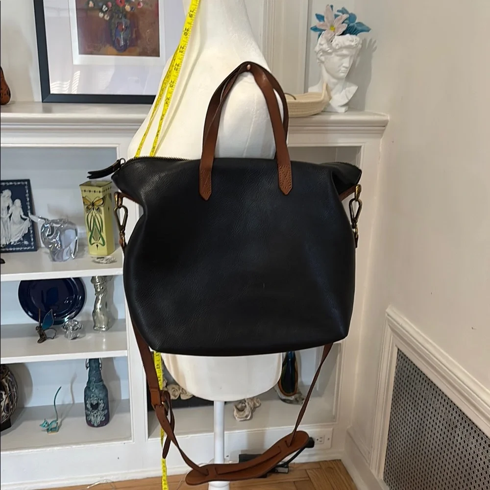 Madewell zip top transport carry all Black Leather Tote Bag monogram initials